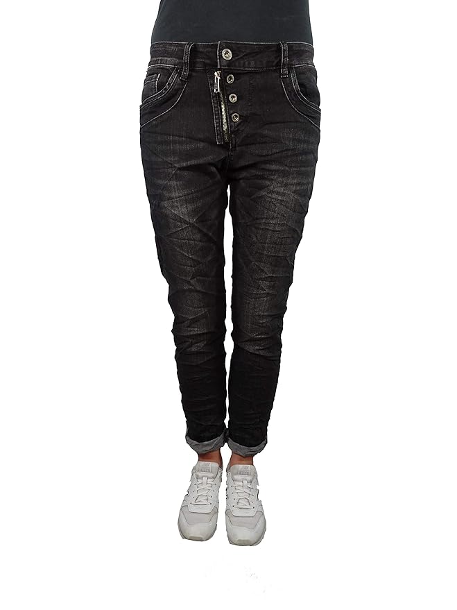 Karostar Baggy Boyfriend Damen Stretch Hose Jeans offene Knopfleiste Front Zip große Größen