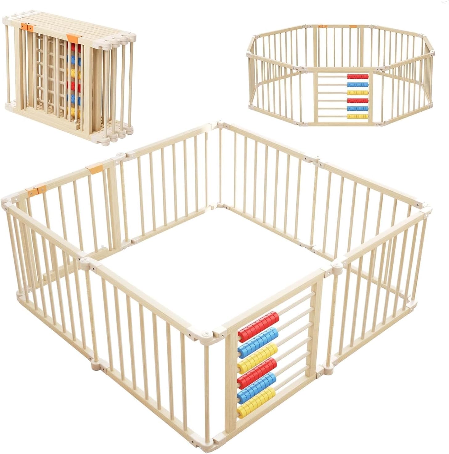 Baby Playpen,Wooden Foldable Playpen For Toddlers and Babies with Locking Gate, 8 Panels Baby Fence, Indoor Play Yard with Abacus, Kids Activity Center