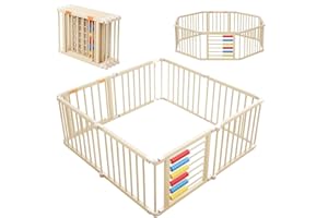 Baby Playpen,Wooden Foldable Playpen For Toddlers and Babies with Locking Gate, 8 Panels Baby Fence, Indoor Play Yard with Ab