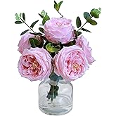 Forlaoers Real Touch Pink Floral Rose Fake Flower Bouquet in Fake Water Silk Flower Arrangements Artificial Flowers with Vase Centerpieces for Center Table Decor Dining Room House Kitchen Decorations