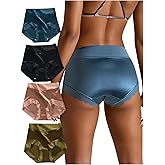 SOLY HUX Women's Satin Silk Briefs Scallop Trim No Show Underwear Lingerie Mid Rise Panties 4 Piece