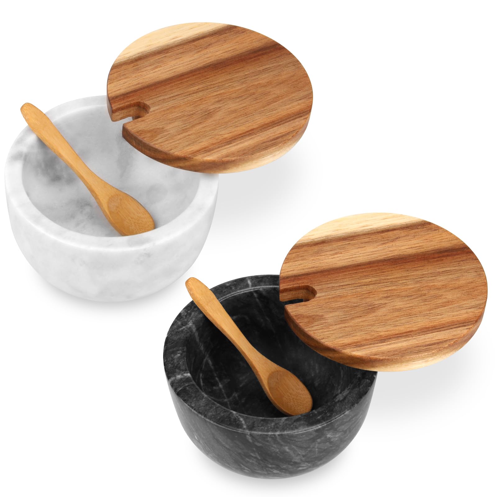 Photo 1 of ***MAJOR CRACK*** HESHIBI Salt Cellar Box with Lid & Spoon, Modern White Stone Salt or Pepper Sugar Spice Seasoning Bowl Container Jar Holder Well Keeper Dish Pig Crock for Kitchen (Marble Bowl Set)