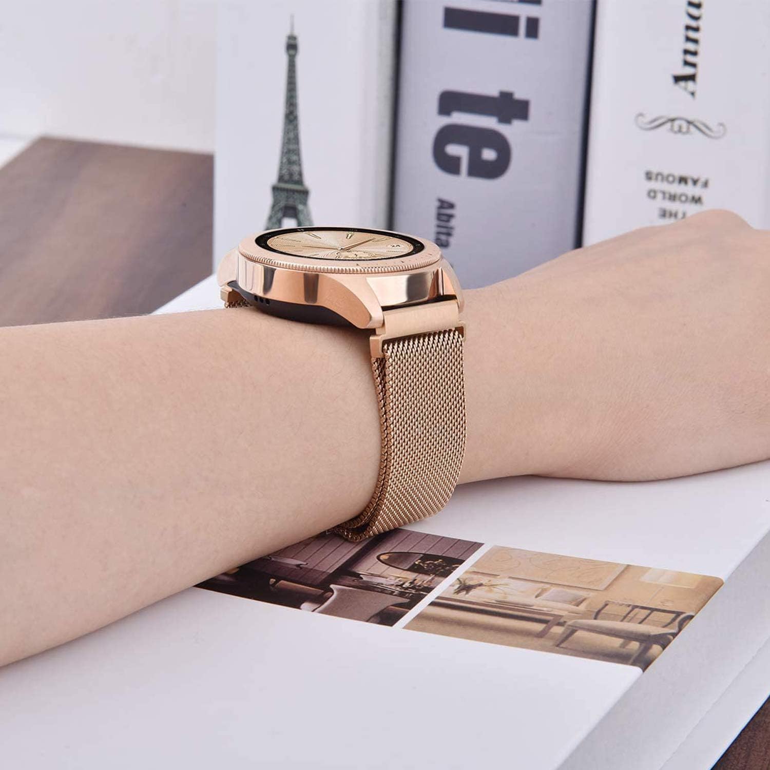 Morsey Compatible with Samsung Galaxy Watch (42mm)/Galaxy Watch Active/Active2 Bands, 20mm Stainless Steel Mesh Loop Replacement Bracelet Strap for Galaxy Watch 42mm/Gear Sport Smartwatch (Rose gold)