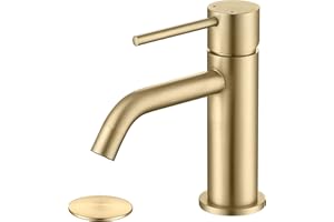 JXMMP Brushed Gold Bathroom Faucet, Single Handle Brass Sink Faucet Bathroom Single Hole with Pop Up Sink Drain Assembly and Water Faucet Supply Lines