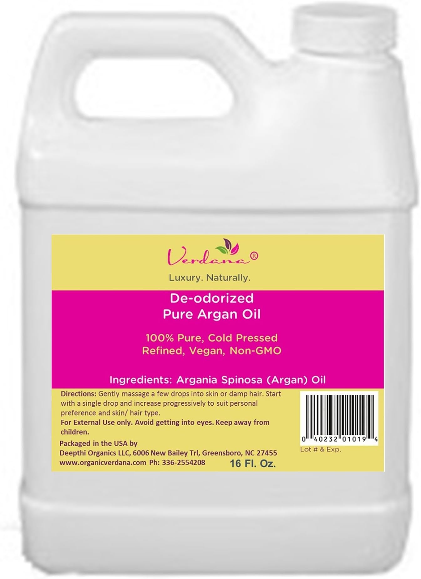 Organic Verdana Pure Argan Oil - 16 Fl. Oz. - Cold Pressed, Refined, De-odorized -100% Pure Cosmetic Grade - Imported From Morocco