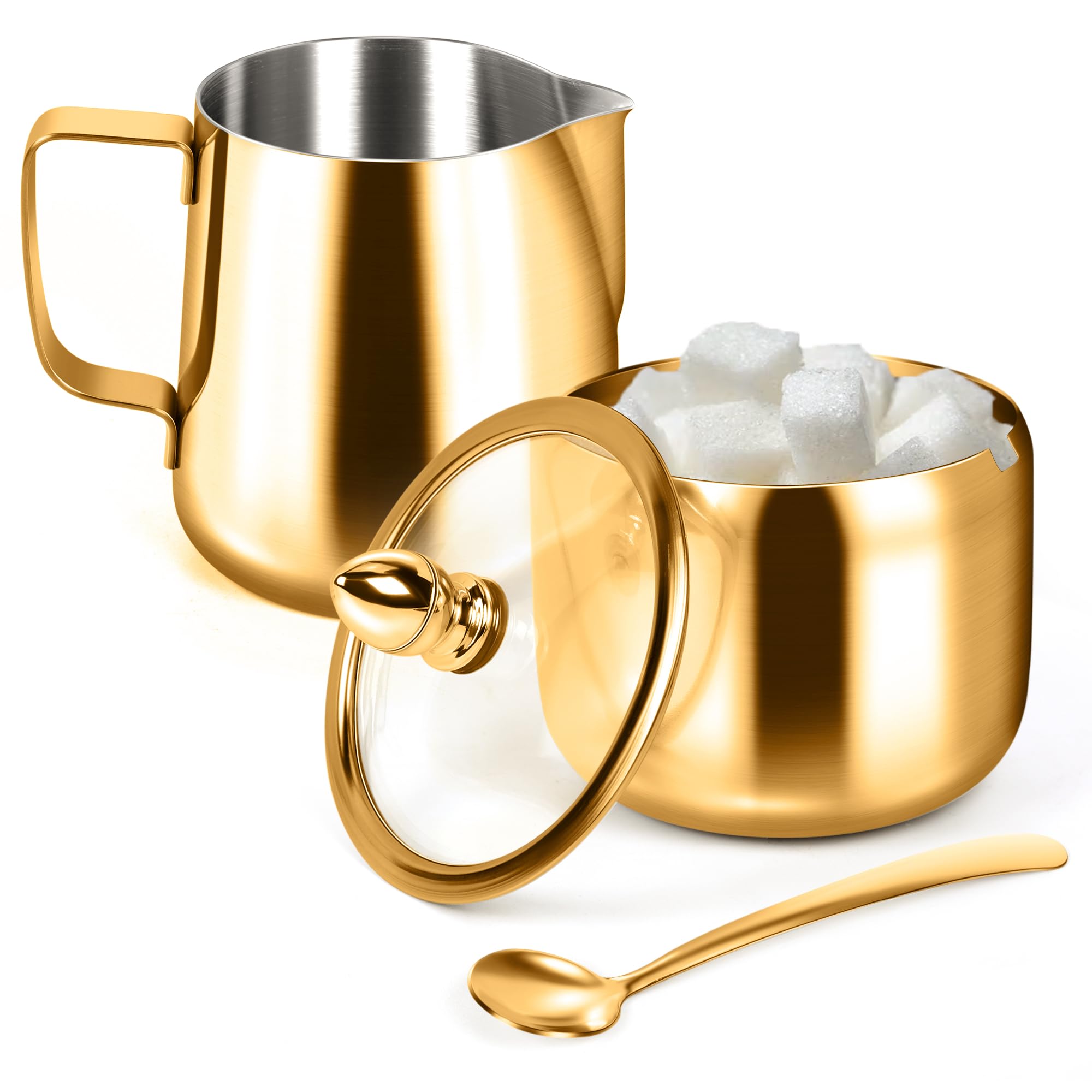 Photo 1 of Sugar and Creamer Set,Sugar Container and Milk Frothing Pitcher for Coffee Bar Stainless Steel Sugar Bowl with Lid and Spoon for Espresso Machine Accessories (Gold)