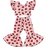 Honganda Fashion 2Pcs Toddler Baby Girl Strawberry Outfit Set Ruffle Short Sleeve Crop Top Flared Pants Summer Knit Clothes