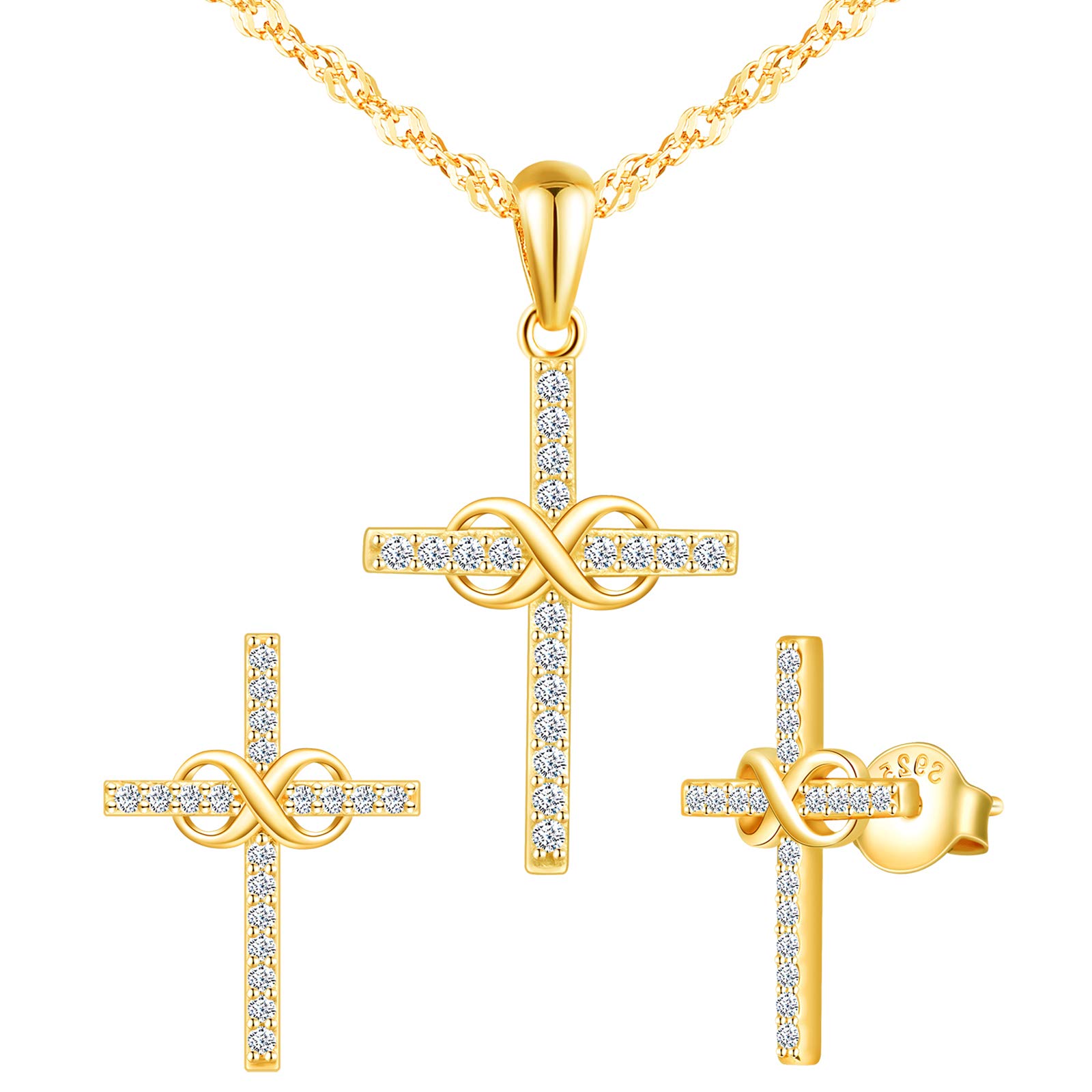 Yumilok Christian Jewelry Set 925 Sterling Silver Infinity Cross Stud Earrings Necklace Set — image 1