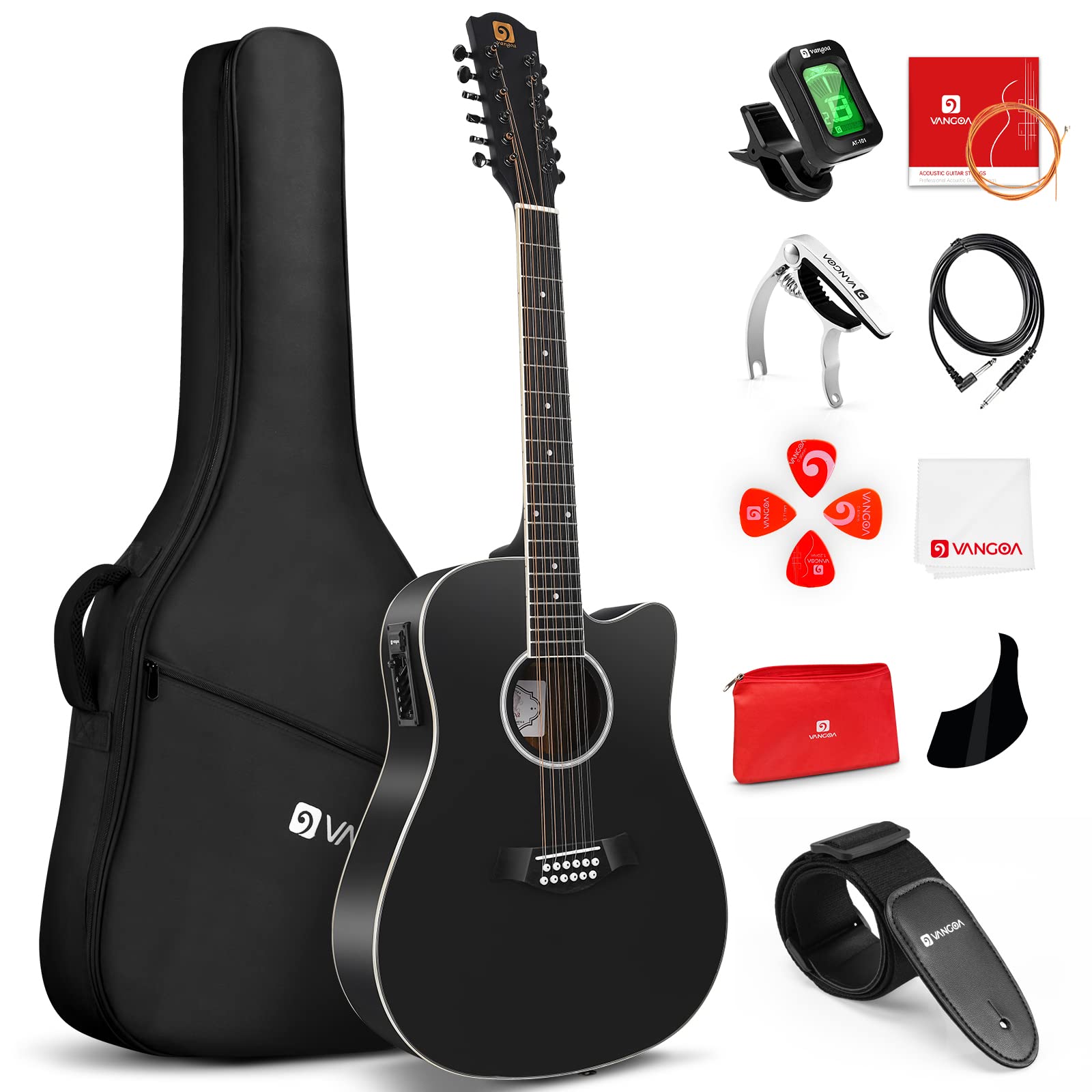 Vangoa Electro Acoustic Guitar 12 Strings for Beginner Intermediate Adults Teens Cutaway,41 Inches Spruce Top Upgraded Starter Kit Right Hand Matte Black