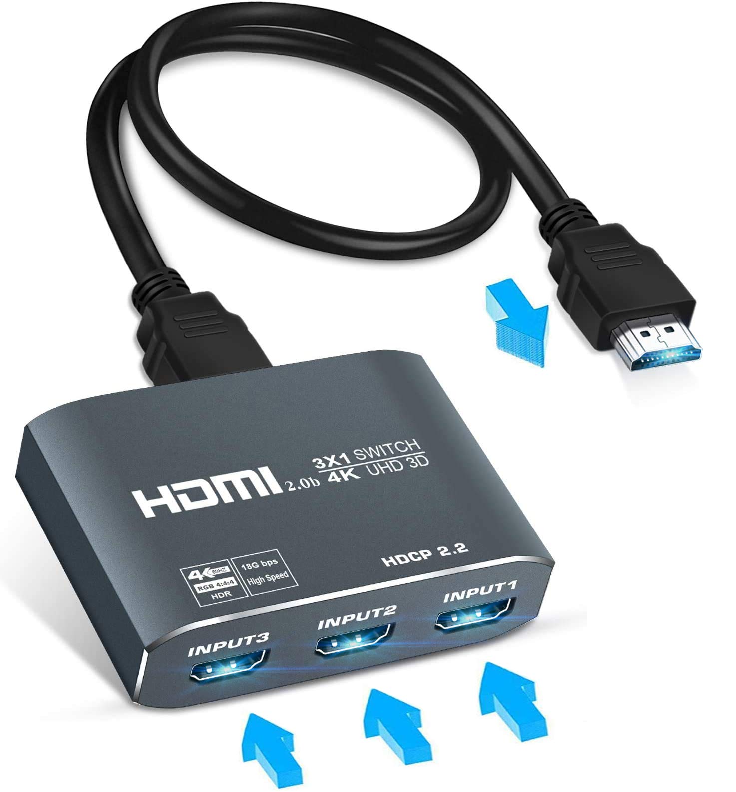 4K@60Hz HDMI Switch,【Updated Aluminum HDMI Switch 2.0b 】,3 in 1 Out HDMI Switcher Selector,Supports 4K 60HZ,HDCP 2.2, HDR 10, 18Gbps,3D,Game Consoles,Fire Stick,PS4,PC Etc (Come with a HDMI Cable)