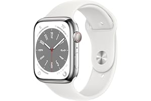 Apple Watch Series 8 [GPS + Cellular 45mm] Smart Watch w/Silver Stainless Steel Case with White Sport Band. Fitness Tracker, 