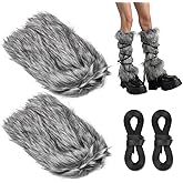 NBEADS Faux Fur Fuzzy Leg Warmers, Women's Furry Boot Covers with Strap Warm Fur Boot Cuffs Medieval Fuzzy Leg Warmers for Women Viking Costume Halloween Cosplay Accessory Gray
