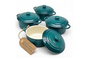 Kook Ceramic Mini Cocotte Set, Small Casserole Dishes with Lids and Handles, Individual Baking Ramekins, Oven, Microwave & Di