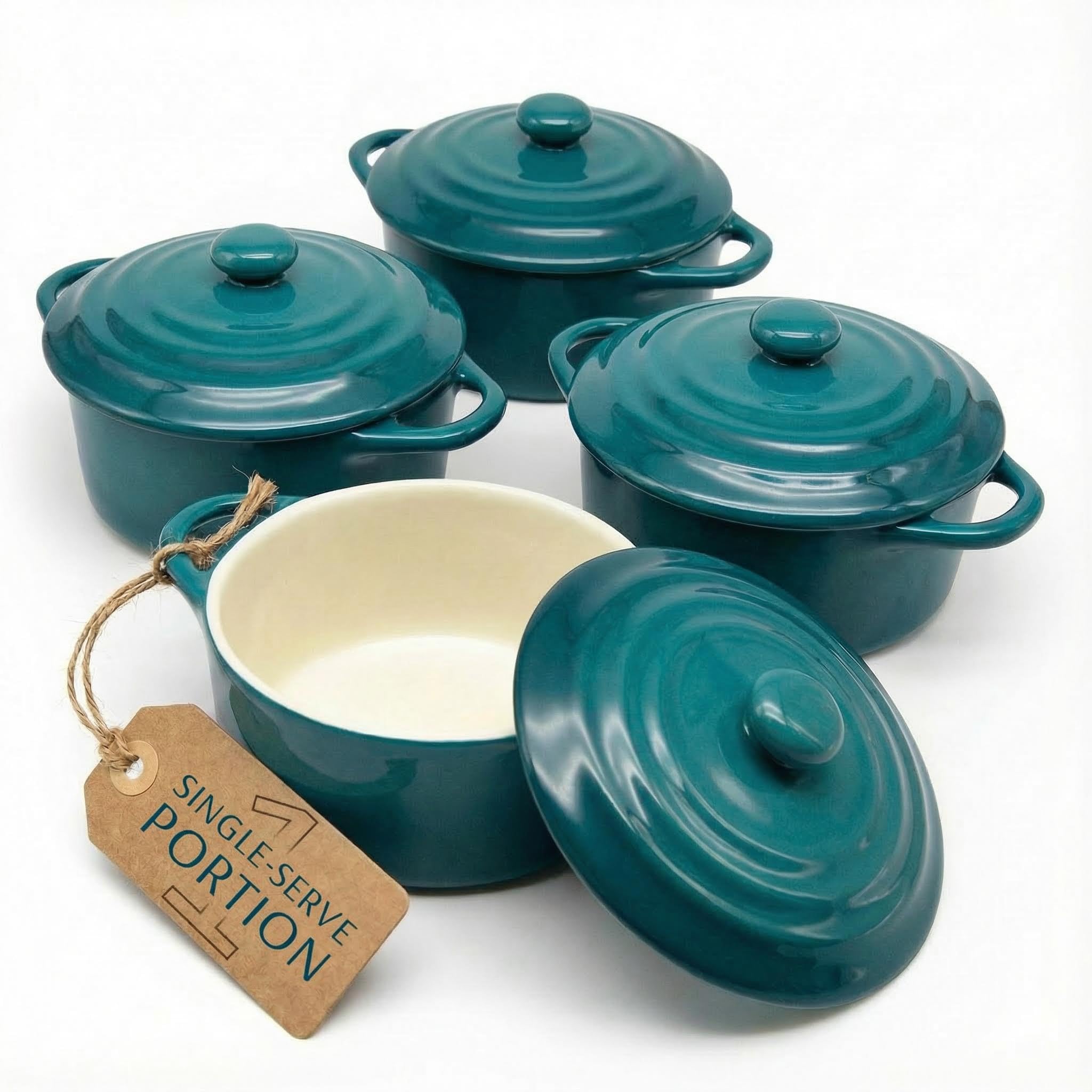 Kook Ceramic Mini Cocotte Set, Small Casserole Dishes with Lids and Handles, Individual Baking Ramekins, Oven, Microwave & Dishwasher Safe, Stoneware, 12 oz, Set of 4, (Aqua Ombre)