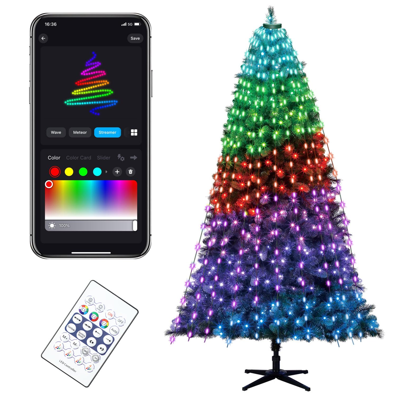 Smart Horsetail Christmas Tree Lights Decorations with Ring APP, 200LED 65ft Fairy String Lights Plug In Outdoor & Indoor Waterfall Xmas Tree Coloured Lights with Remote Control IP65 Waterproof