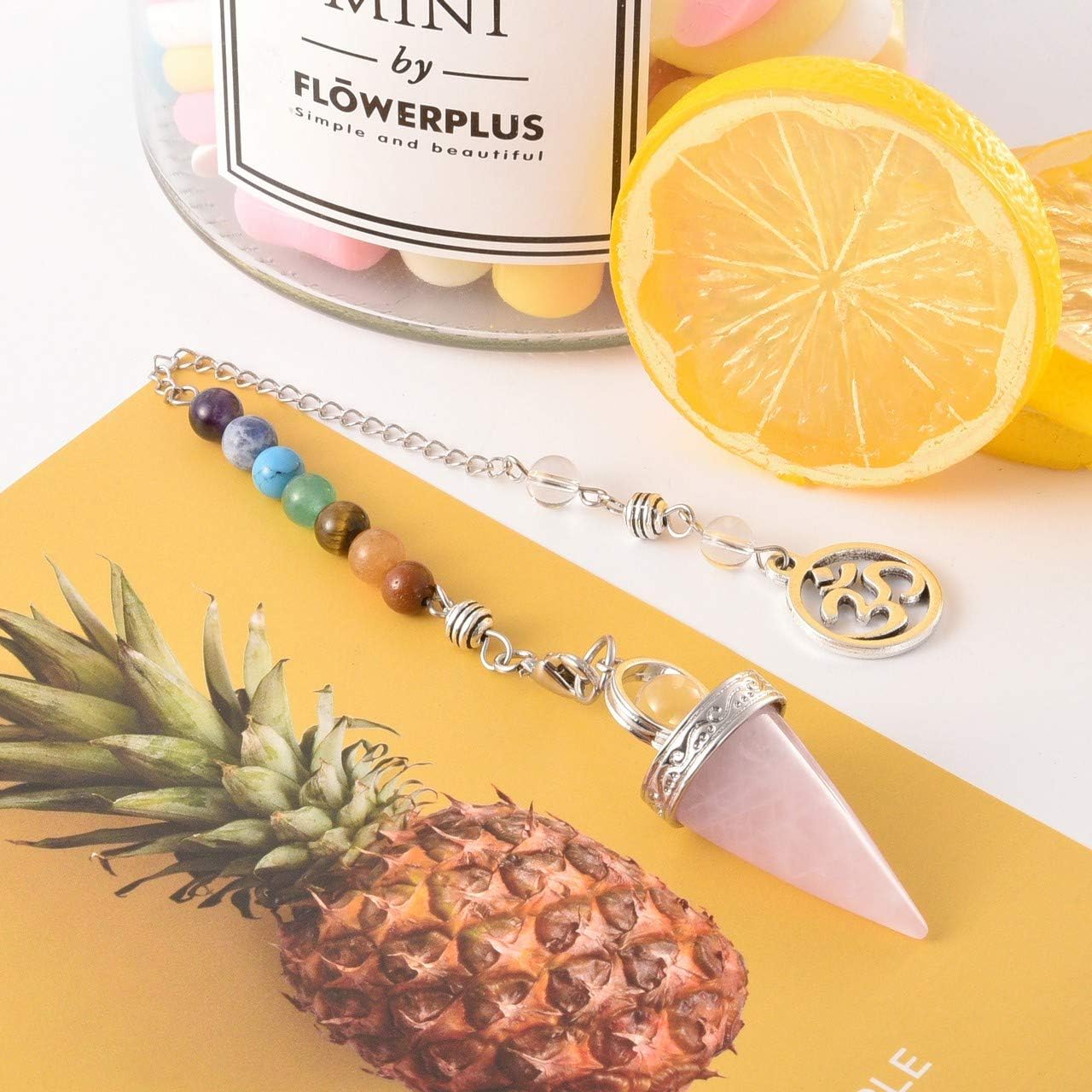 JOVIVI Rose Quartz Crystal Dowsing Pendulum Divination 7 Chakra Gemstone Cone Shape Pointed OM Lucky Charm Pendant Pendulum for Healing,Reiki,Wicca,Scrying - Image 5