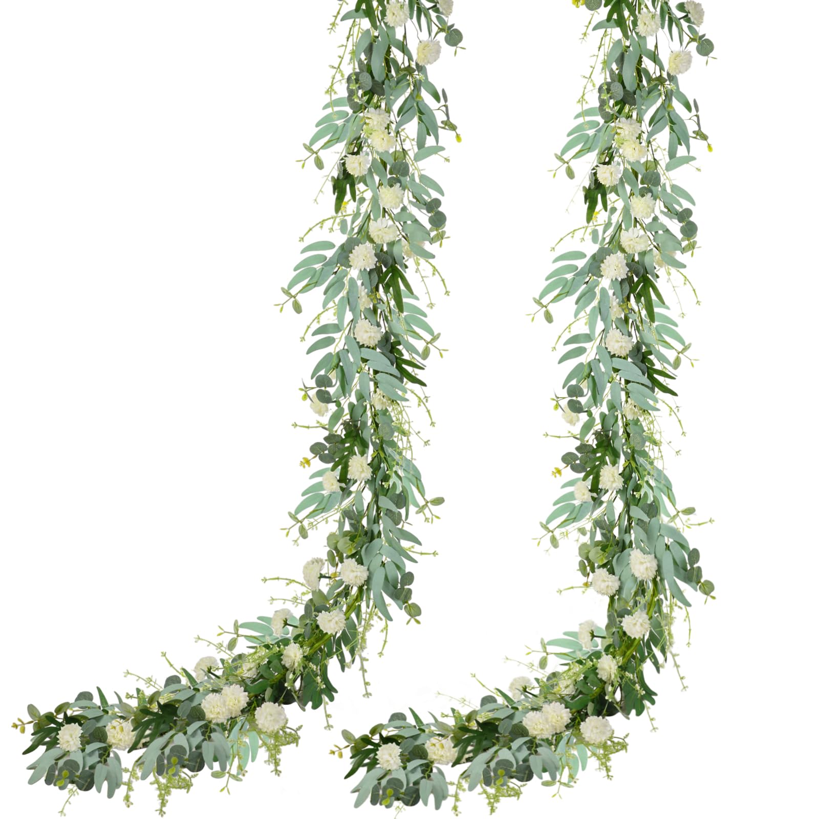 Photo 1 of (USED/FAIR) Giegxin 2 Pcs 6 ft White Chrysanthemum Artificial Flower Garland for Wedding Table Centerpieces Summer Greenery Olive Leaf Decor Floral Eucalyptus Garland for Baby Shower Home Garden Decoration