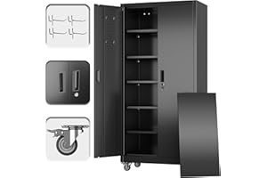 SUXXAN Garage Storage Cabinet with Wheels Pegboard and 5 Adjustable Shelves, 71'' x 32'' x 16''Metal Lockable Cabinet with Magnetic Doors,Tool Storage,Home Office Garage,Gym,School (Black)