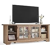 LINSY Home Farmhouse TV Stand for 65 Inch TV, Wood Entertainment Center with Glass Door Storage Cabinet & Adjustable Shelves, Large Sturdy Console Table for Living Room & Bedroom