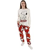 Peanuts Snoopy Womens Cream Red Long Pyjama Set Fleece Sleepwear with Cartoon Character Design for Bedtime