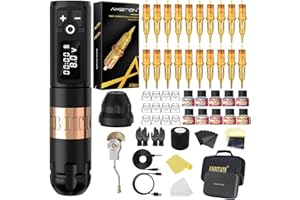 Ambition Soldier Tattoo Machine Kit Complete Rotary Wireless Tattoo Pen Gun Kit with 20pcs Glory Tattoo Cartridge Needles Practice Skin Supplies for Beginners & Professional Artists, Gold