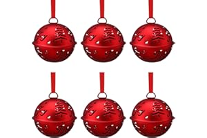 Hotop 6 Pieces Large Red Jingle Bell Christmas Joy Bell Metal Ornaments with Star Cutouts Sleigh Rustic Xmas Tree Wreath Garland Holiday Party DIY Home Decor