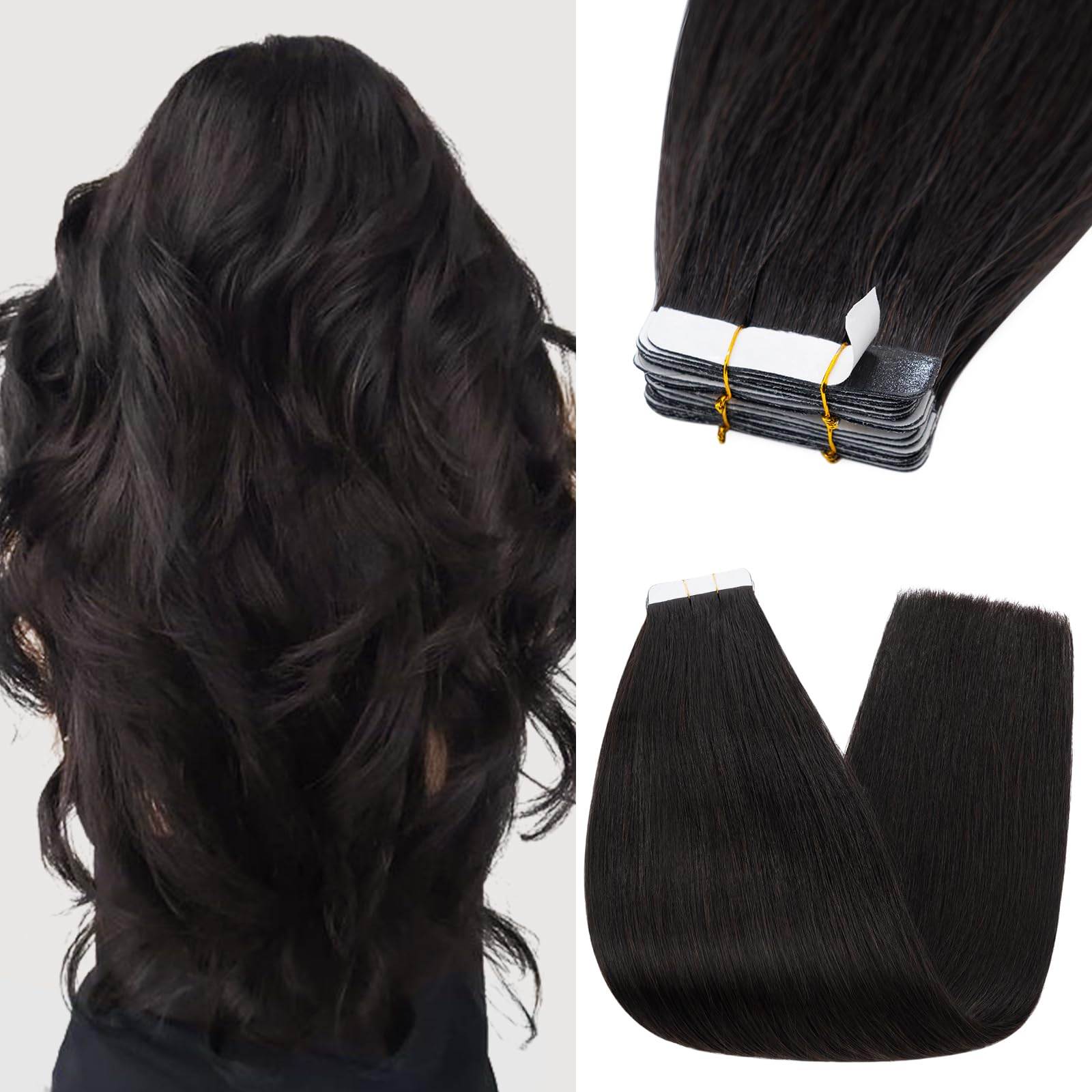 Silk-co Tape in Hair Extensions 16in 100% Real Remy Straight Human Hair Straight Invisible Glue Skin Weft 10 Pcs 25g #1B Natural Black