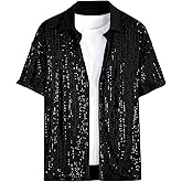 OYOANGLE Men's Sequin Shiny Button Down Shirt Short Sleeve Collared Shirts Party Holiday Tops