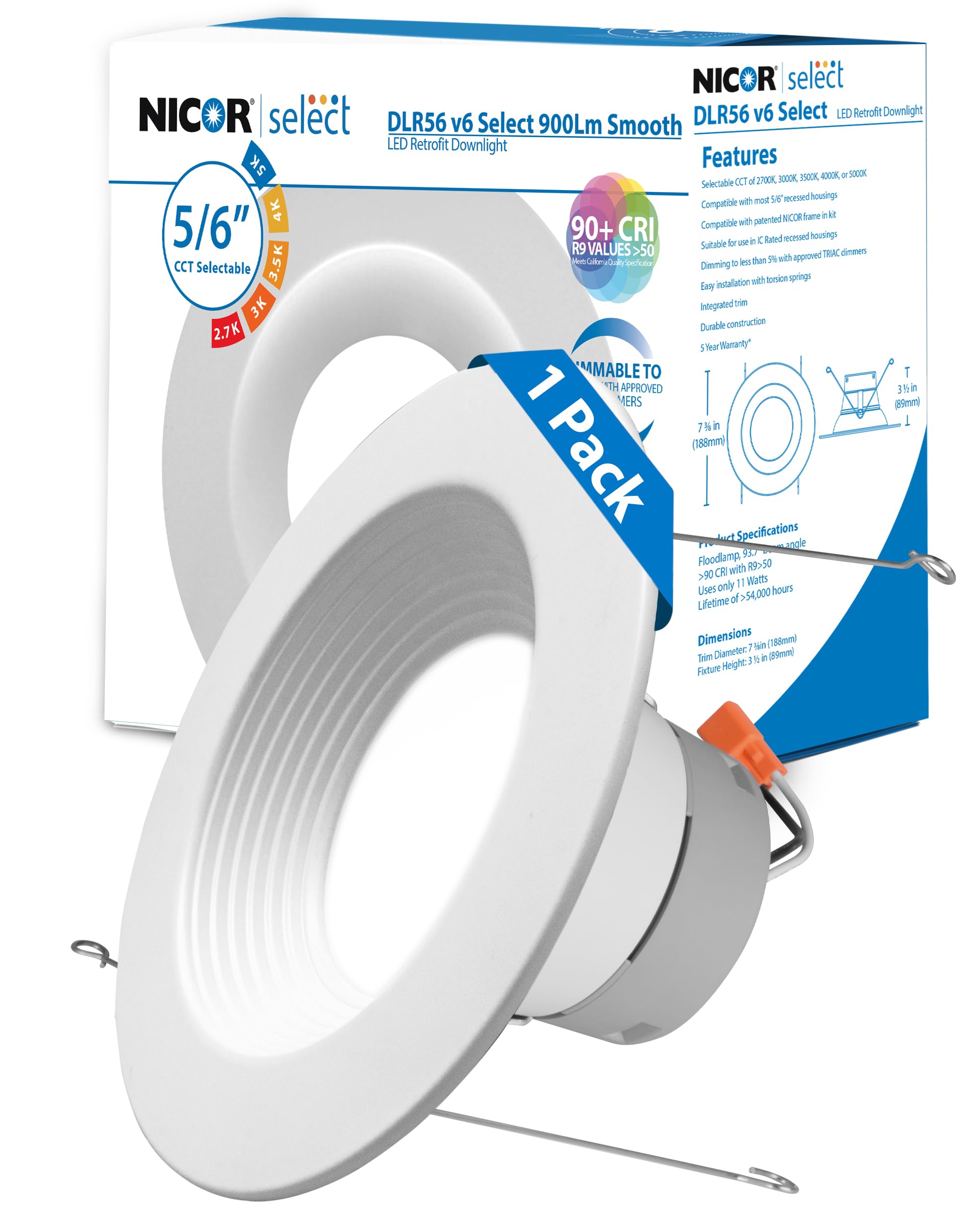 Photo 1 of Recessed Ceiling Lights LED Downlight - 5/6 inch LED Recessed Light Fixtures - Selectable CCT 2700K-5000K, 918 Lumens, 10.3W - DLR56 Retrofit Ceiling Light, White Baffle, 1-Pk by NICOR Lighting
