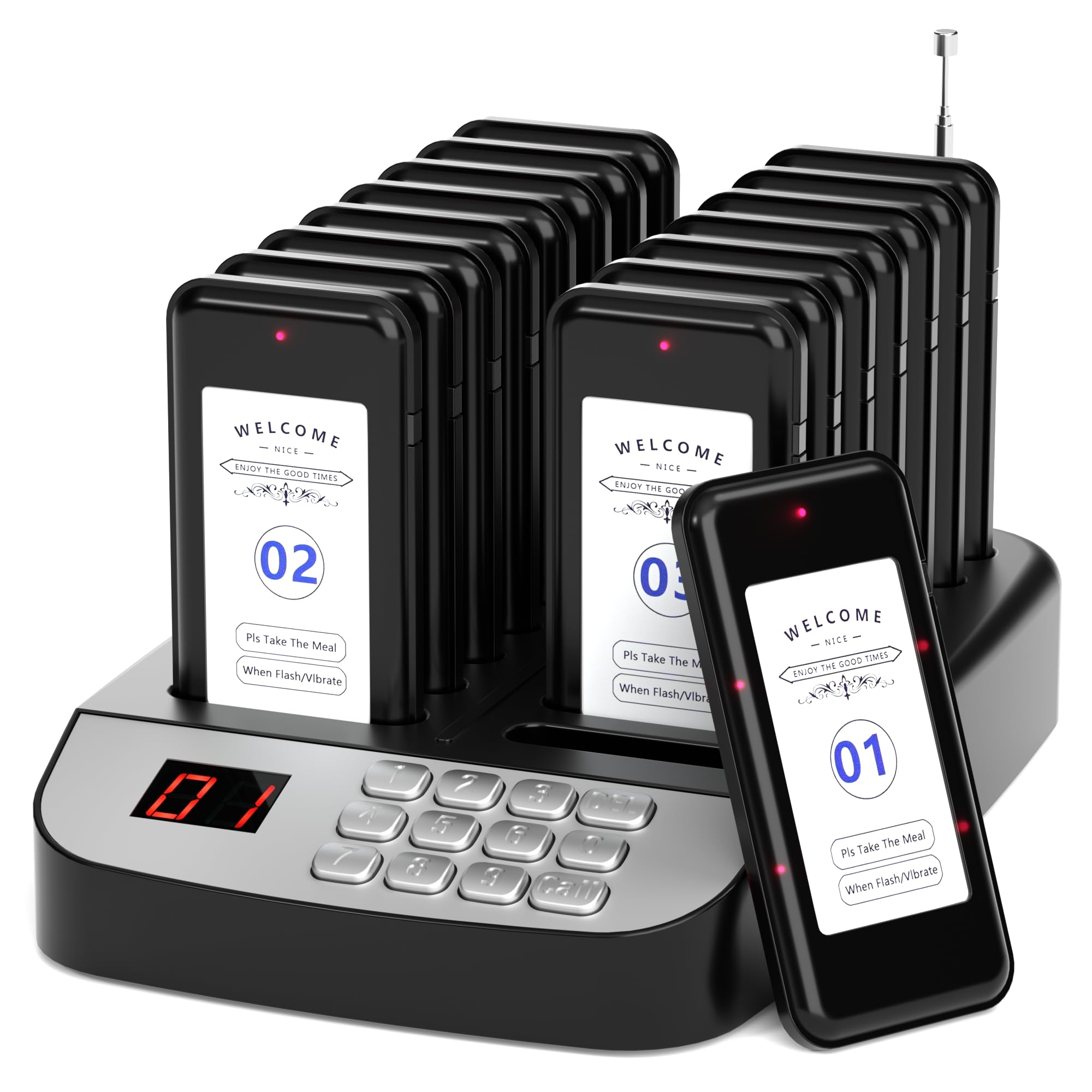 Photo 1 of 16-Buzzer Restaurant Pager System, Wireless Calling System with LCD Screen, Waterproof Queue Waiting Pagers for Hospital Church Food Truck, 984ft-1640ft Indoor Range, Vibrate Flash Beep