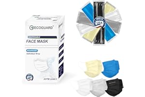 EG ECOGUARD Disposable Face Masks Made in USA, 4 Ply for Families, Students, Breathable All-Day Wear & Safety, ASTM Level 3 Medical Grade, 50 Pack Individual Wrap, Colorful