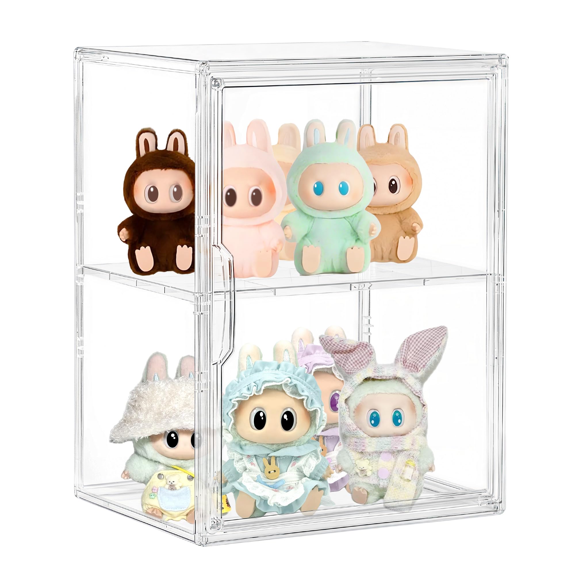 Photo 1 of TrendyBin Large Acrylic Display Case Compatible with Labubu, 2 Layer Clear Figure Display Cases for Collectibles with Magnetic Door, Acrylic Box with Movable Dividers 1 Pack