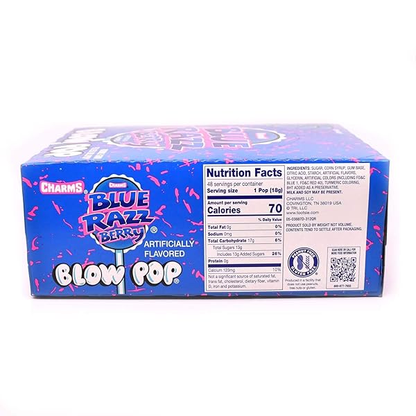 CHARMS BLOW POP LOLLIPOPS – INDIVIDUALLY WRAPPED DUAL CANDY AND GUM SUCKERS – PEANUT FREE, GLUTEN FREE – BULK TREAT FOR KIDS AND ADULTS – BLUE RAZZ BERRY, 48 COUNT (PACK OF 1)