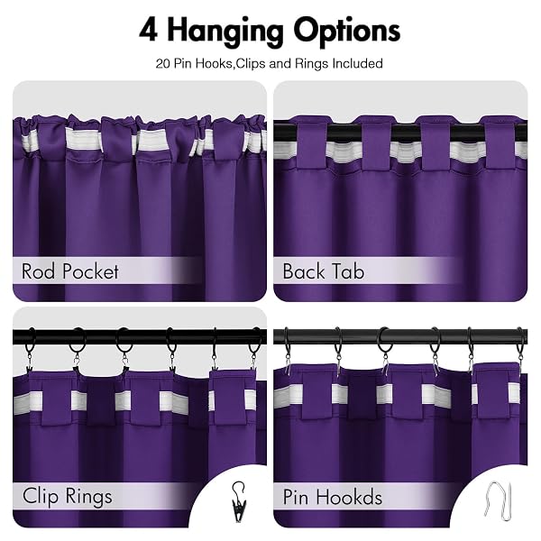 ANRODUO ROD POCKET AND BACK TAB PLEATED BLACKOUT CURTAINS PURPLE CURTAINS 96 INCHES LONG 2 PANELS, THERMAL INSULATED ROOM DARKENING LIVING ROOM BEDROOM CURTAIN, 42X96 INCHES