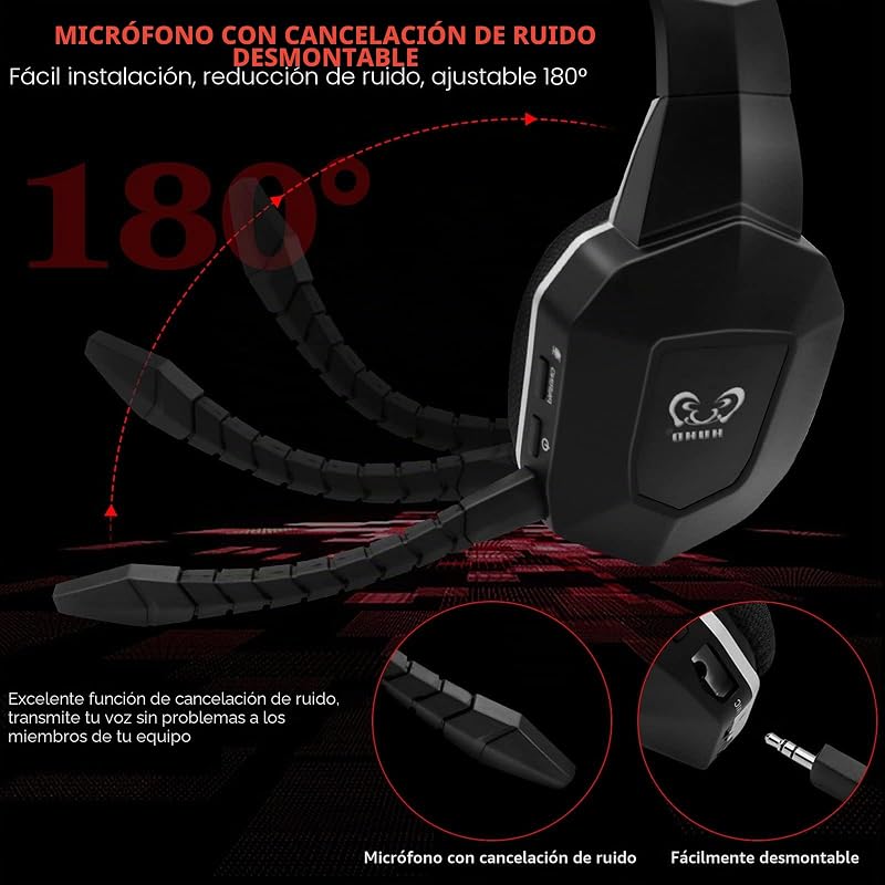 2.4G&Bluetooth Auriculares Inalámbricos para Juegos,Cascos Gaming Inalámbricos para PS5/PS4,Switch,PC,Micrófono con Cancelación de Ruido Desmontable,Luz LED