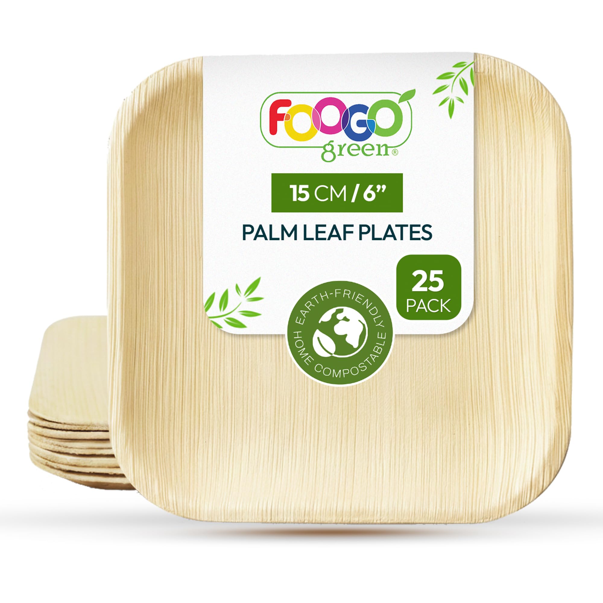 FOOGO Green 25pcs Disposable Palm Leaf Plates, 6" (15cm) for Desserts, Eco Friendly Biodegradable Compostable Like Wooden, Bamboo & Small Square Paper Side Plates for Hot Food, Picnic Wedding Party