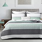 DURLENGEN Quilt Set Queen Size 3Pcs,Soft Microfiber Lightweight Bedspread,White & Green Striped Geometric Pattern Coverlet for All Season Layering(Queen 90x96,Mint Green)
