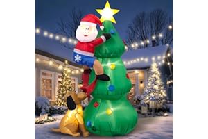 MICOCAH 6FT Inflatable Christmas Tree Outdoor Decoration - Lighted Christmas Blow Up Santa Climbing Tree Chased by Dog Built-in LED Lights for Holiday Xmas Party Indoor Garden Lawn Yard Decorations