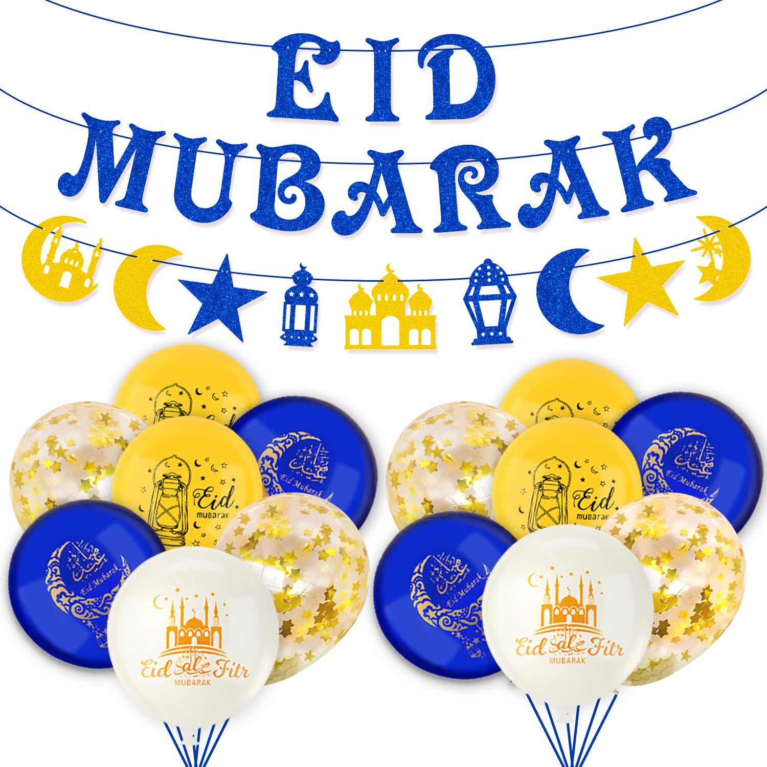 AhfuLife Eid Decorations, Eid Mubarak Banner Bunting with 14pcs Balloons Banner Balloons Decoration for Home, Decorations Umrah Mubarak Party Decoration