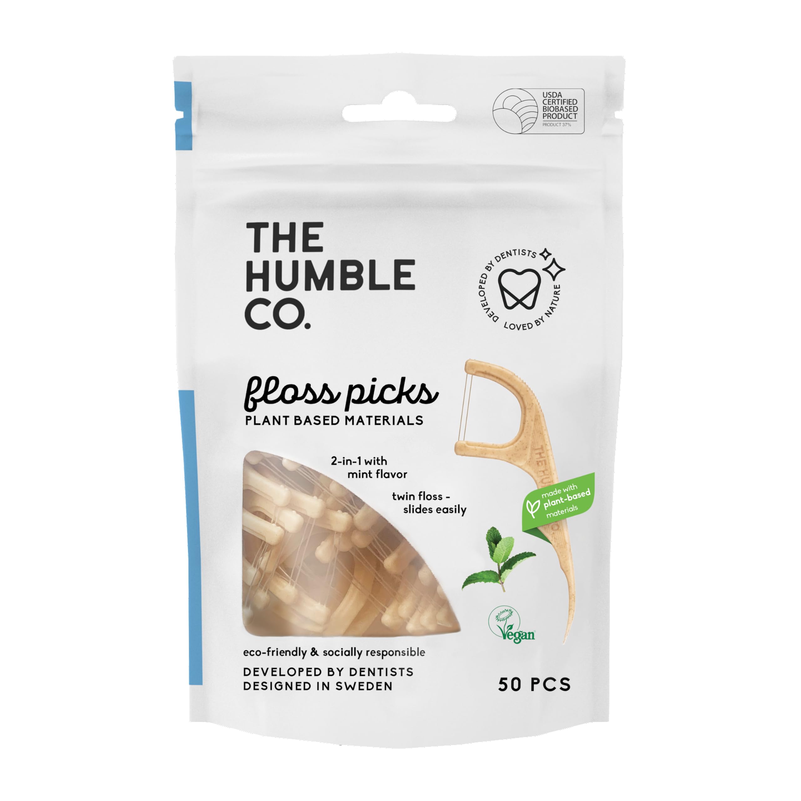 THE HUMBLE CO. - Dental Floss Picks - Mint Flavour - Slides Easily - Developed by Dentists - Designed in Sweden - Teeth Cleaning - Sustainable & Reusable - Vegan & Cruelty-Free - 50p