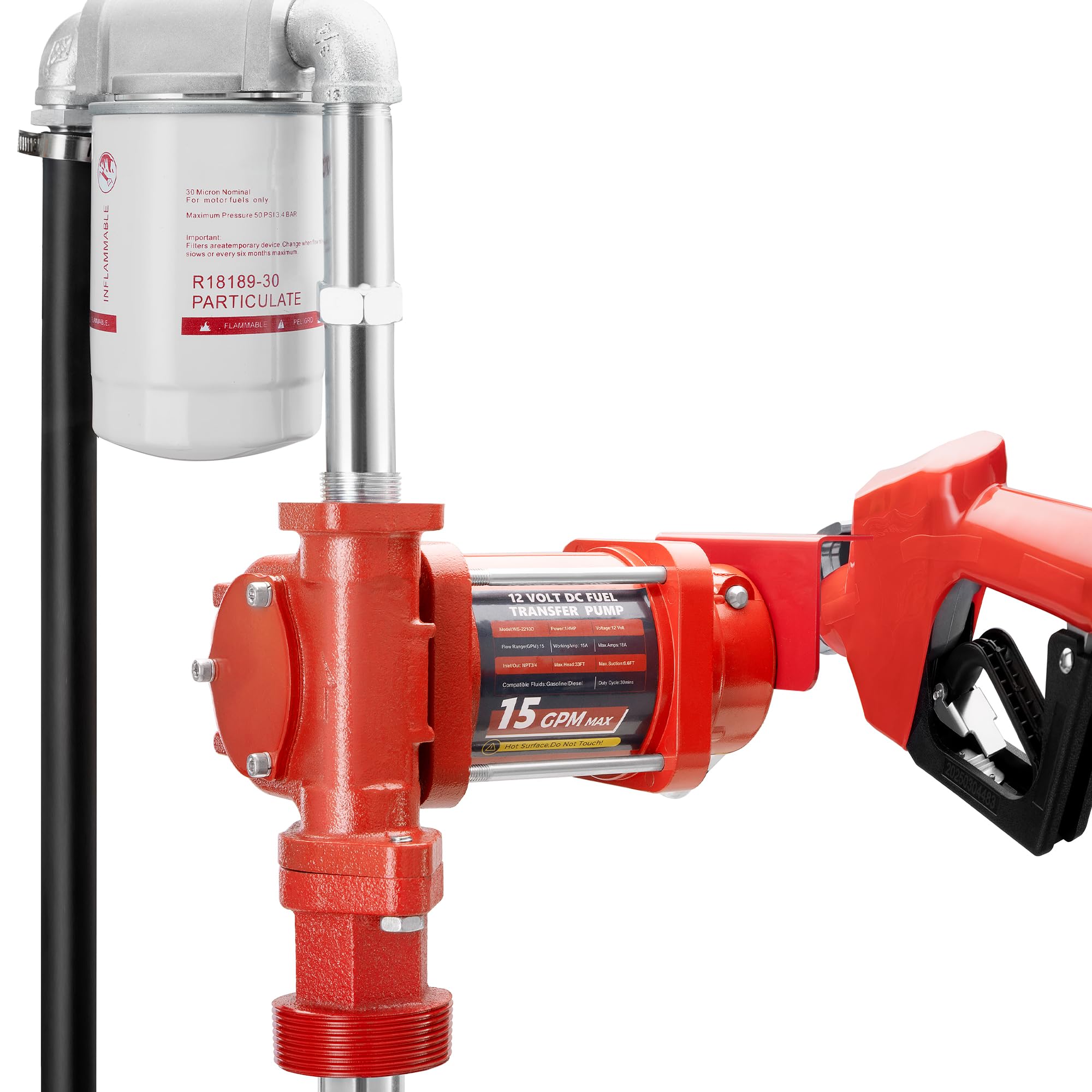 Photo 1 of 15GPM 12V Fuel Transfer Pump with Discharge Hose, Automatic Nozzle, Premium Filter Package, Suitable for Gasoline, Diesel, Kerosene, Ethanol & Methanol Blends