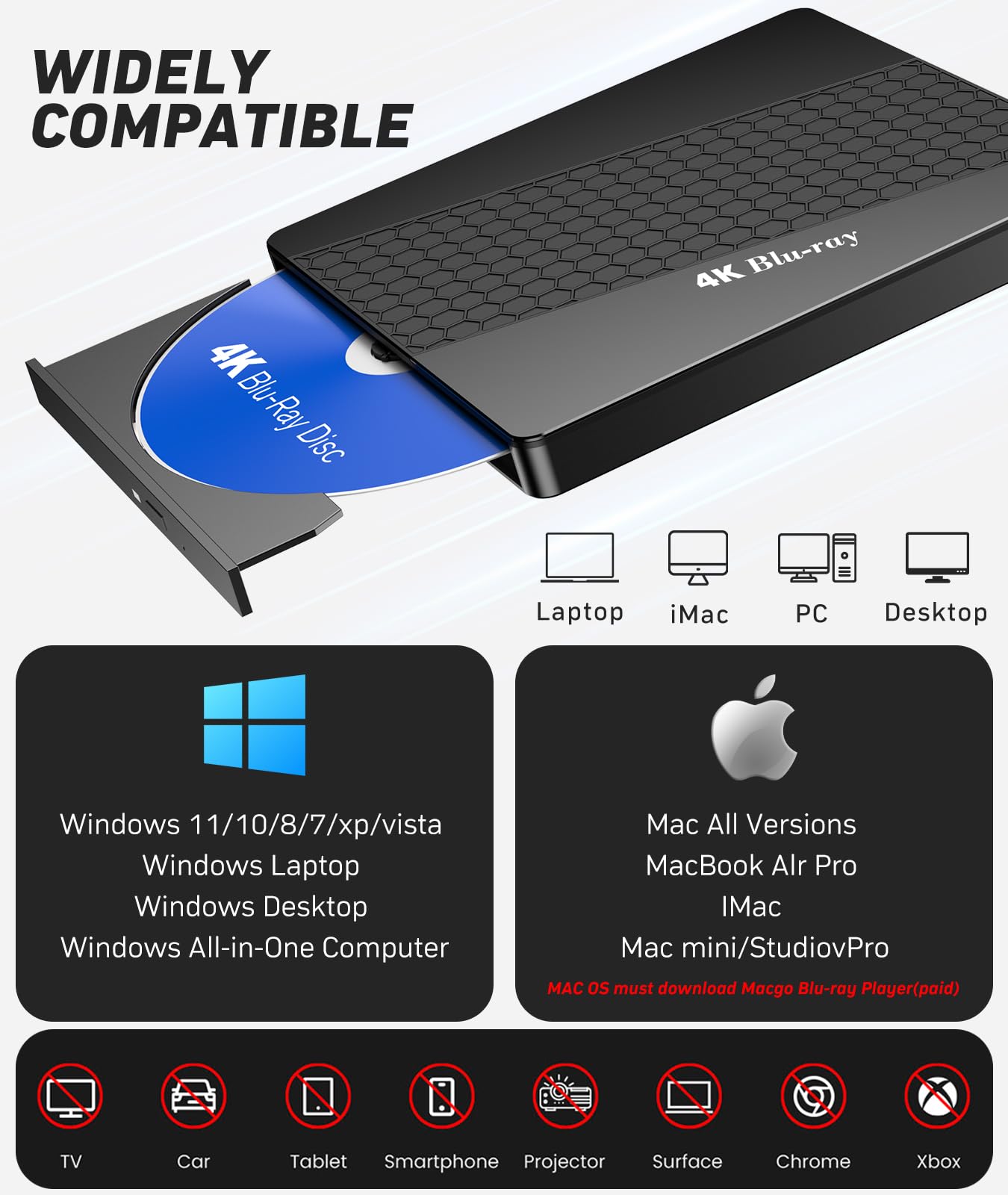 XRTFORE External 4k Blu Ray Drive for PC,Portable 4k UHD Blu Ray Player,SD/TF Port with Carry Case, USB 3.0 HD Blu-Ray Player,DVD+/-RW External Optical Drive for MacBook Pro Windows Laptop, black
