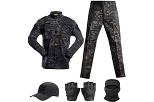 SANYETS Tactical Suit,Combat Pants and Shirt,Cap Gloves Balaclava Set,Black Camo Uniform Men's Military Airsoft Gear