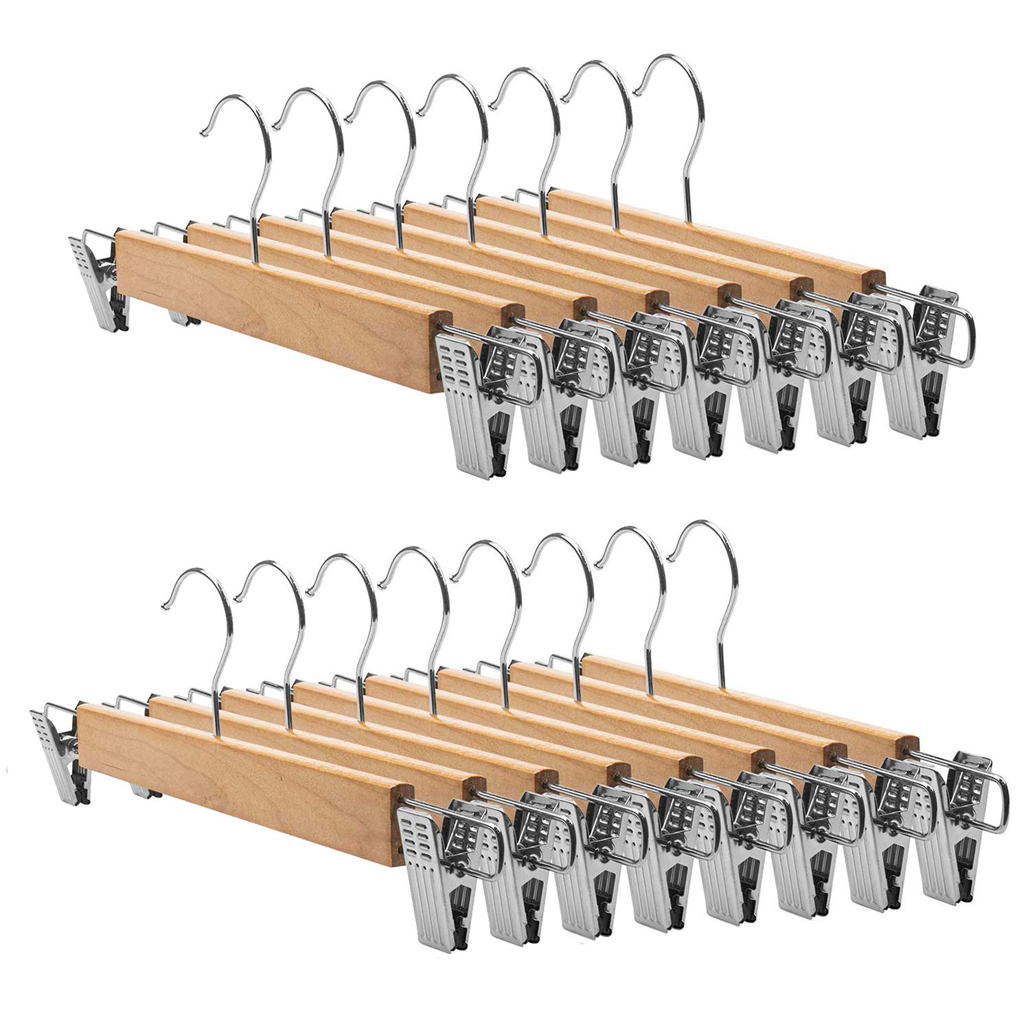 Tosnail 15 Pack 36 cm Inch Natural Wooden Pants Hangers, Skirt Hangers with Clips for Bottoms Jeans Slacks Trousers, Anti-Slip, Space Saving, 14 inch