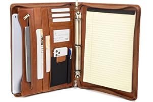 Geslun Genuine Leather Portfolio with Zipper, Full Grain Leather Padfolio 3 Ring Binder, A4 Notebook Holder Laptop Sleeve Pro