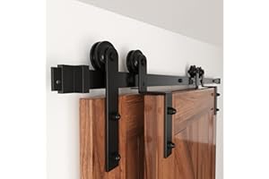 WINSOON 5FT Single Track Bypass Sliding Barn Door Hardware Kit for Double Doors, Low Ceiling, Easy Mount, Heavy Duty, Slide Quietly and Smoothly