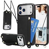 CCSmall for iPhone 17 Pro Max Lanyard Case with Card Holder for Women, Detachable PU Leather Crossbody Strap Wristband Kickstand Phone Cover for Apple iPhone 17 Pro Max -KB Black