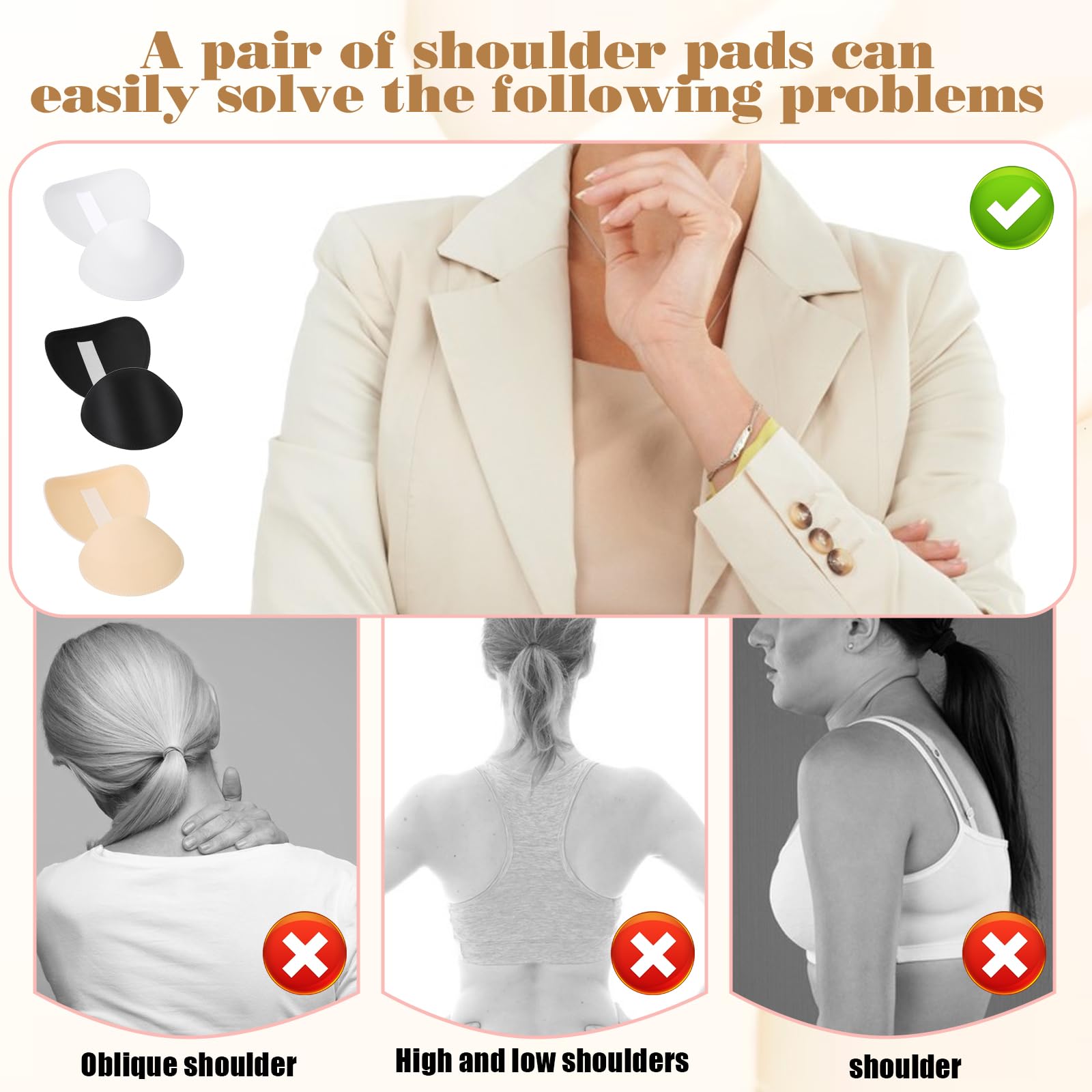 3 Pairs Shoulder Pads, 1.5cm Thickness Set-In Shoulder Pads, Foam Shoulder Pad for Women Clothing Sewing Supply Breathable Thick Sponge Shoulder Enhancer Foam Pads for Sloping High Low Shoulder Suit M