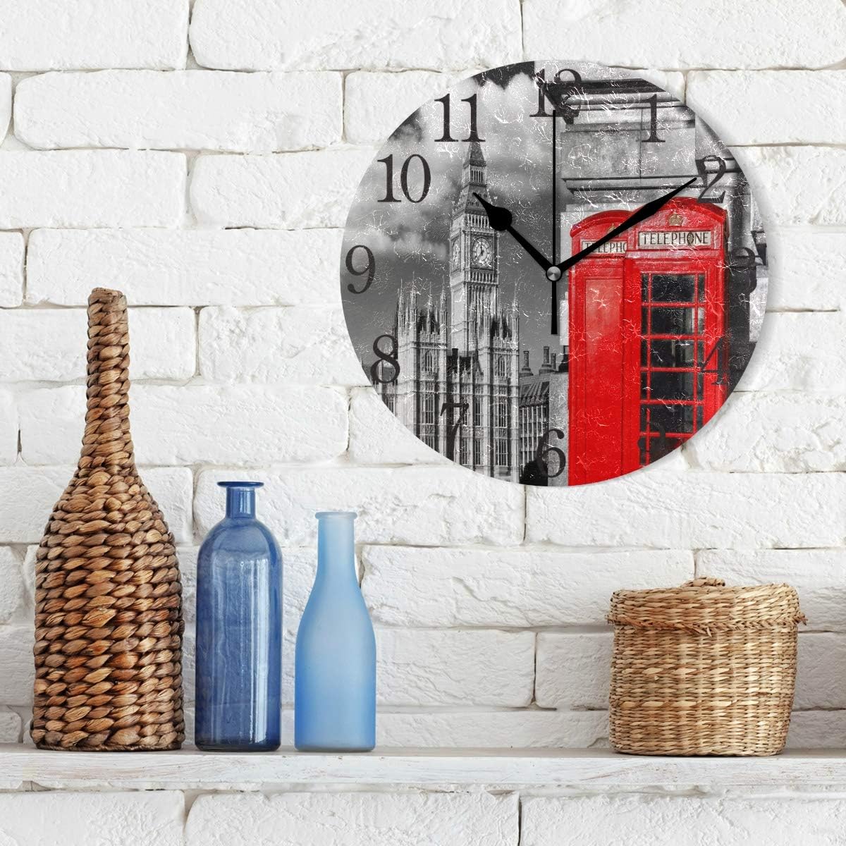 ISAOA 9.5 Inches Modern Wall Clock,Silent Non-ticking 1 English Red Telephone Booths With Big Ben In London UK Round Desk Clock Cube Clock for Bedrooms,Kids,Living Room,Kitchen - Image 4