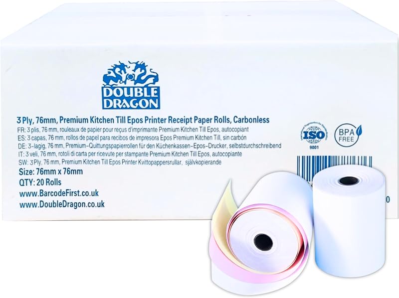 Double Dragon 76x76 mm 3-Ply Carbonless Paper Rolls 20x